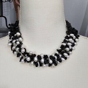 💥Vintage 4 Strand Black Onyx Bead Stone Pearl Statement Necklace